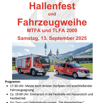 Feuerwehr Fahrzeugweihe mit Hallenfest Brixen im Thale
