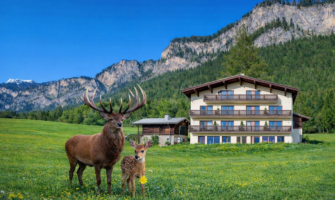 Berghof Haselsberger Hausansicht mit Wildgehege